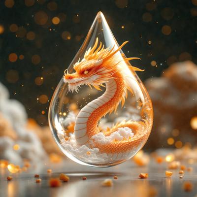 The primary subject of the image is a glass vase containing a yellow and orange dragon. The dragon is surrounded by a white substance, which appears to be a powder or a similar material. The setting is a dark room, and the visual style is a combination of photo and digital art. The colors and mood of the image are vibrant and lively, with the dragon and the white substance creating a striking contrast against the dark background.
